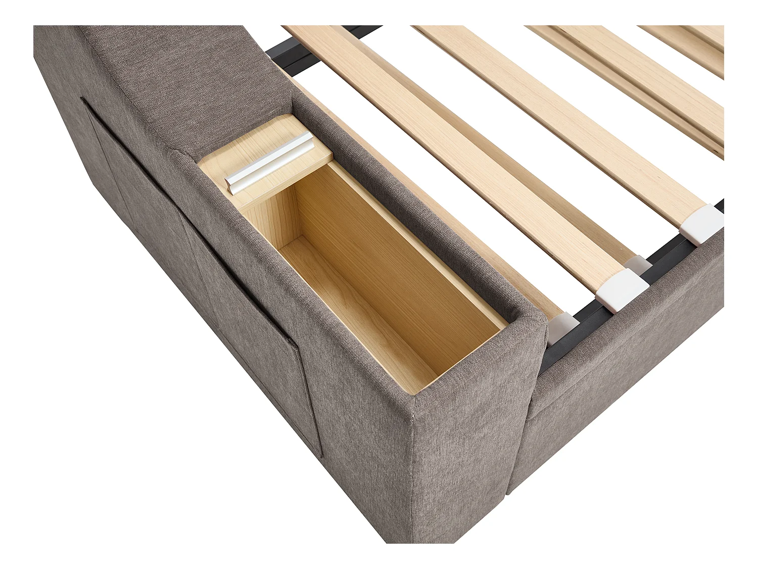 Lit gigogne 2 x 80 x 200 cm avec rangements et port USB - Tissu - Taupe + Matelas - ORAVAYA