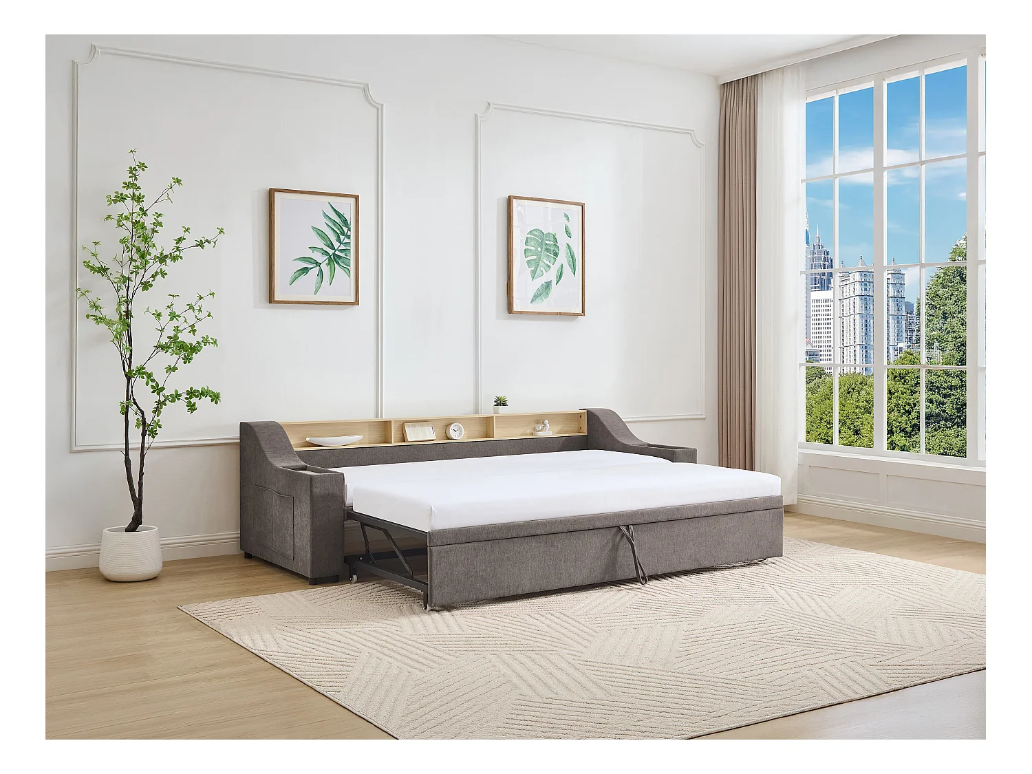 Lit gigogne 2 x 80 x 200 cm avec rangements et port USB - Tissu - Taupe + Matelas - ORAVAYA