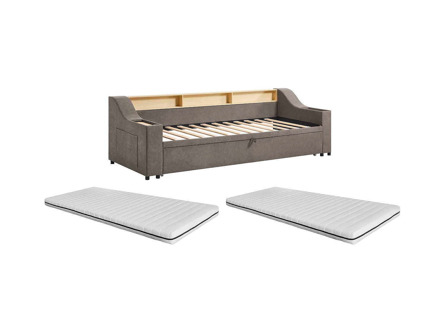 Lit gigogne 2 x 80 x 200 cm avec rangements et port USB - Tissu - Taupe + Matelas - ORAVAYA