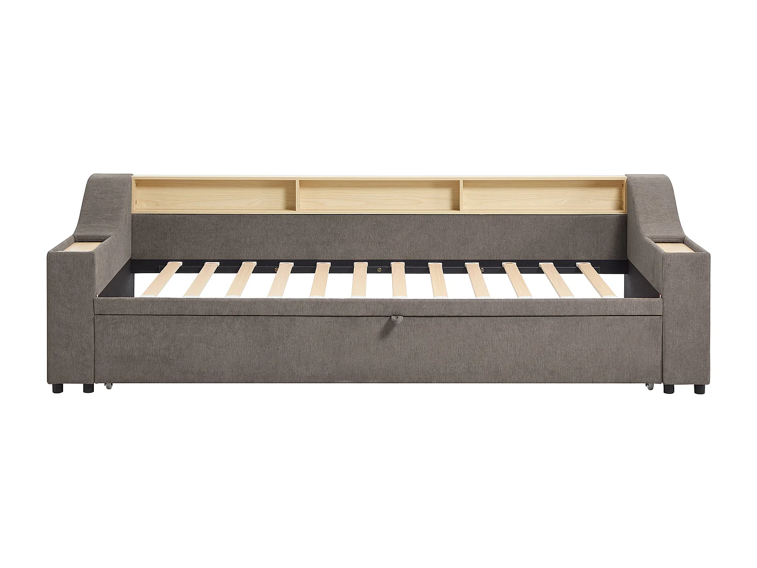 Lit gigogne 2 x 80 x 200 cm avec rangements et port USB - Tissu - Taupe + Matelas - ORAVAYA