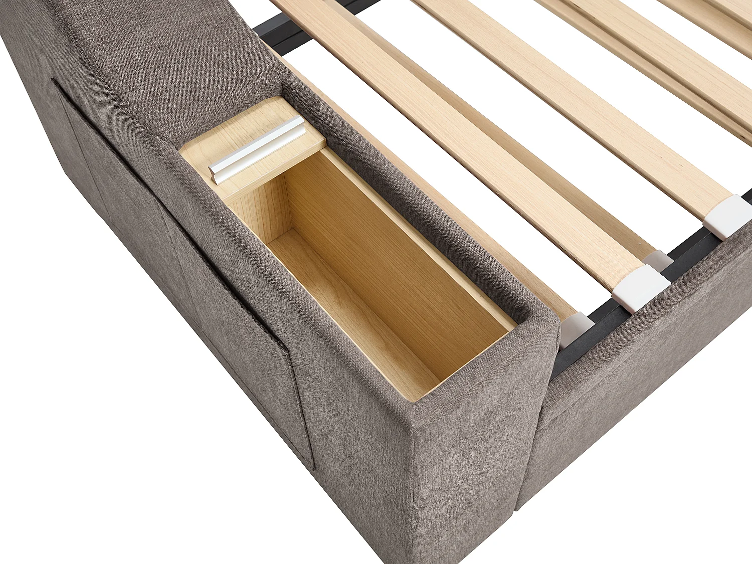 Lit gigogne 2 x 80 x 200 cm avec rangements et port USB - Tissu - Taupe + Matelas - ORAVAYA