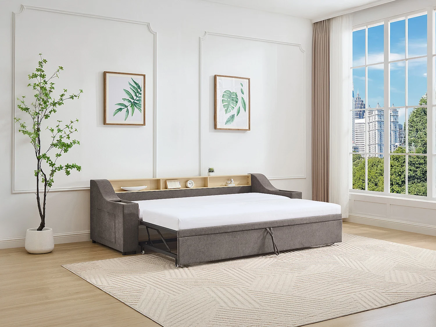 Lit gigogne 2 x 80 x 200 cm avec rangements et port USB - Tissu - Taupe + Matelas - ORAVAYA