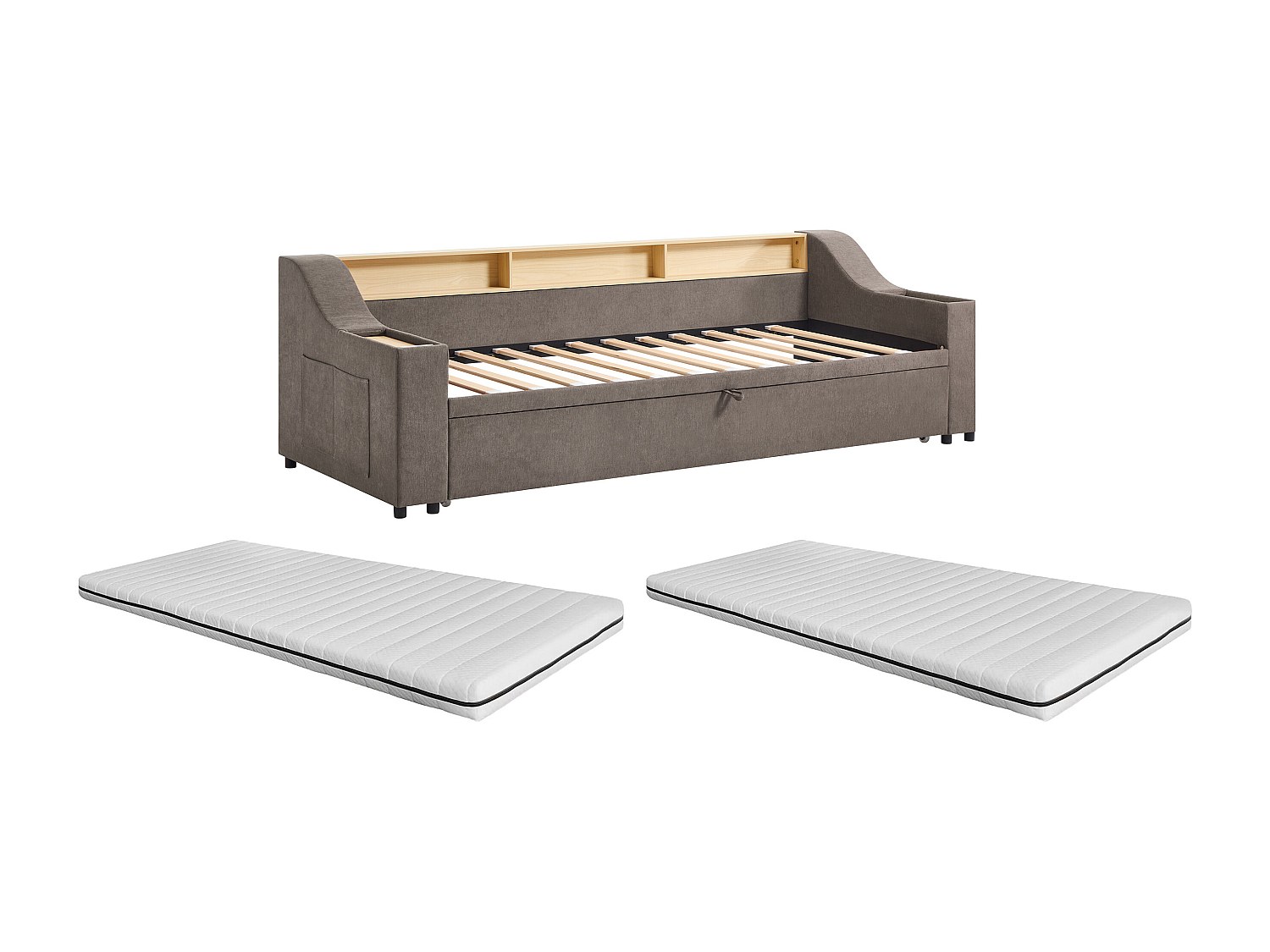 Ausziehbett - 2 x 80 x 200 cm - mit Stauraum & USB-Anschluss - Stoff - Taup günstig online kaufen