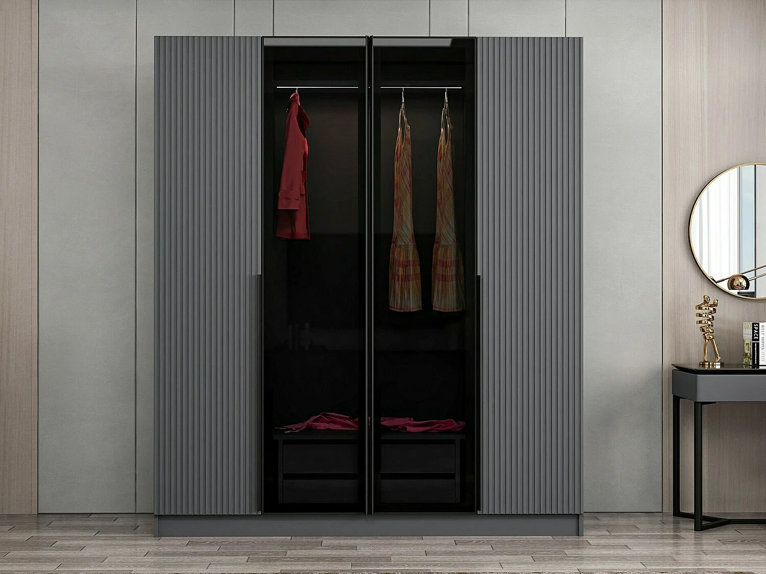 Armario Kailua M108, Antracita, 210x180x52cm, Puertas de armario: Con bisagras