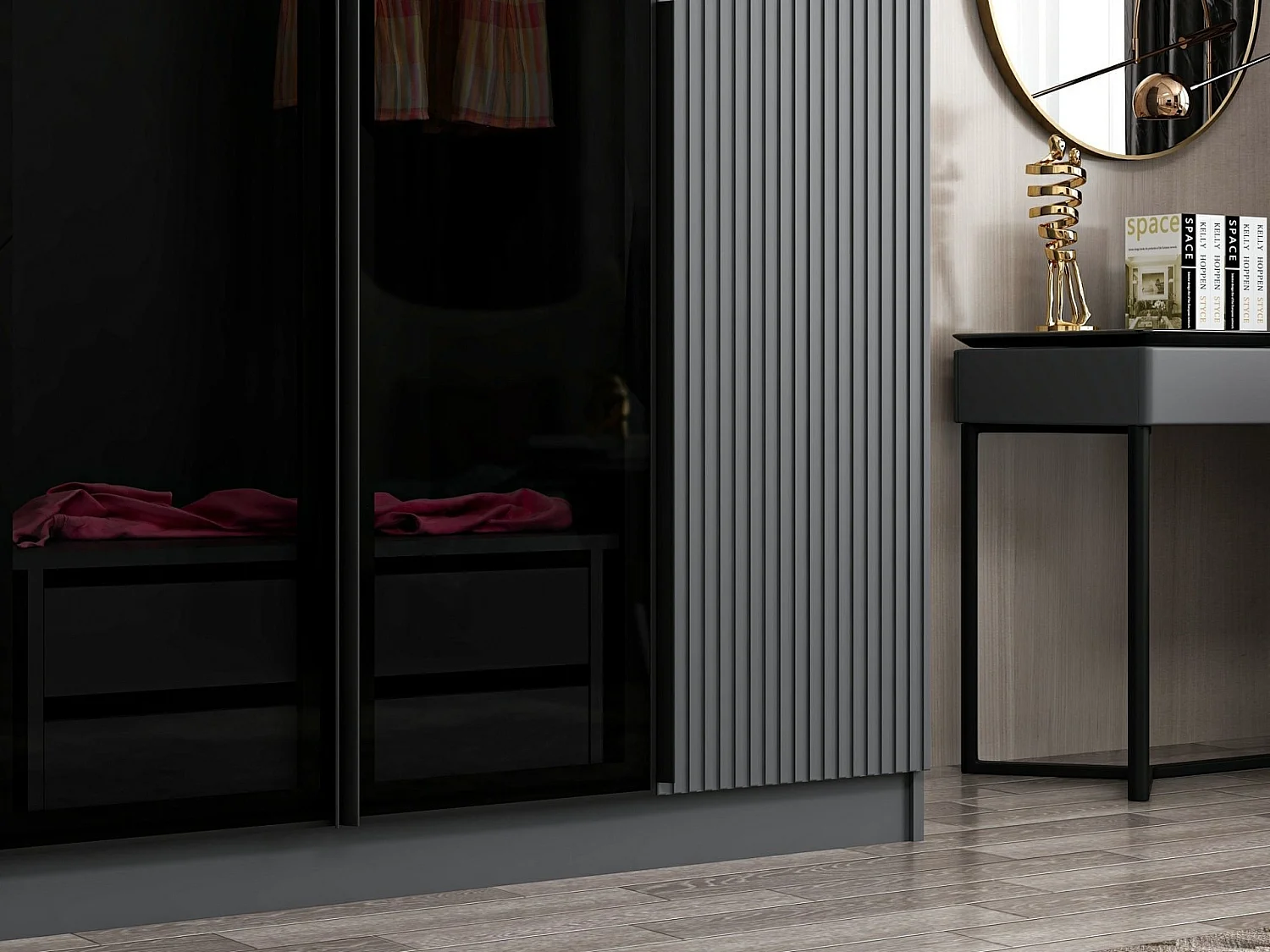 Armoire design 2 portes et 2 portes vitrées Kanowa L180xH210cm Anthracite et Noir
