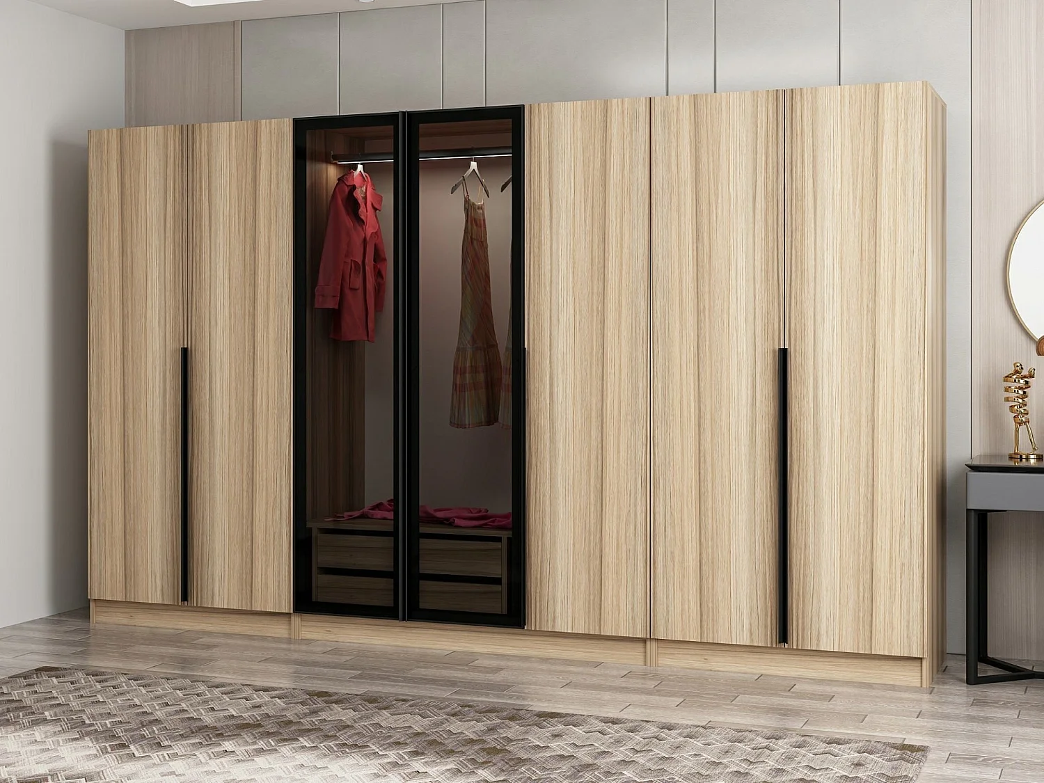 Armoire design 5 portes et 2 portes vitrées Kanowa L315xH210cm Chêne clair et Noir