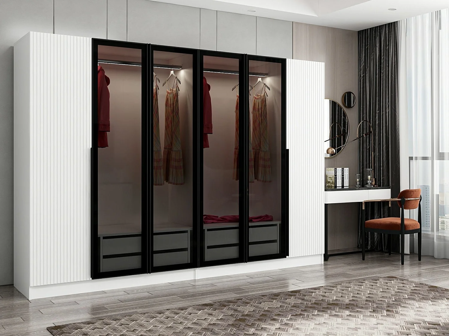 Armoire design 2 portes et 4 portes vitrées Kanowa L225xH210cm Blanc et Noir