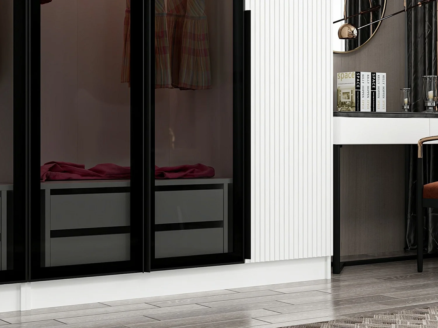 Armoire design 2 portes et 4 portes vitrées Kanowa L225xH210cm Blanc et Noir