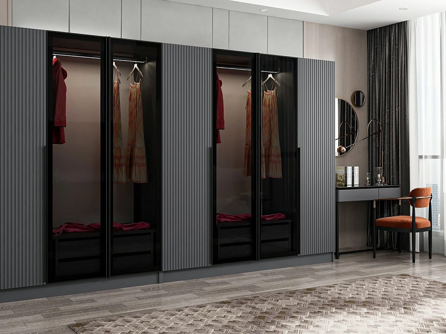 Armoire design 3 portes et 4 portes vitrées Kanowa L315xH210cm Anthracite et Noir