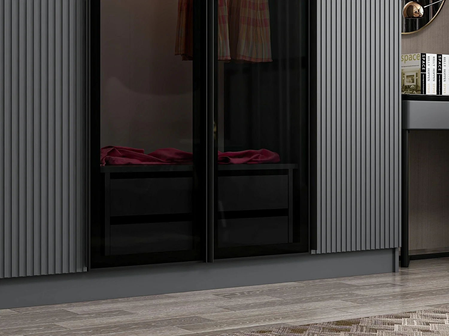 Armoire design 3 portes et 4 portes vitrées Kanowa L315xH210cm Anthracite et Noir