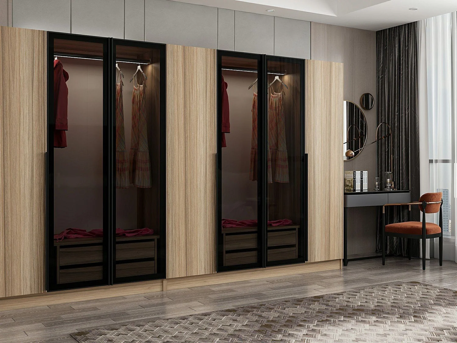 Armoire design 3 portes et 4 portes vitrées Kanowa L315xH210cm Chêne clair et Noir