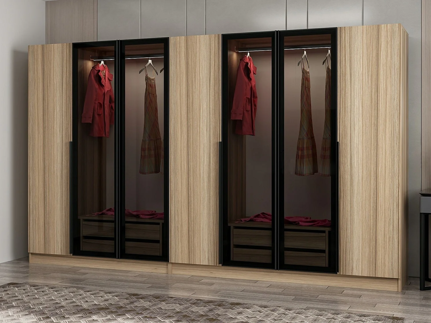 Armoire design 3 portes et 4 portes vitrées Kanowa L315xH210cm Chêne clair et Noir