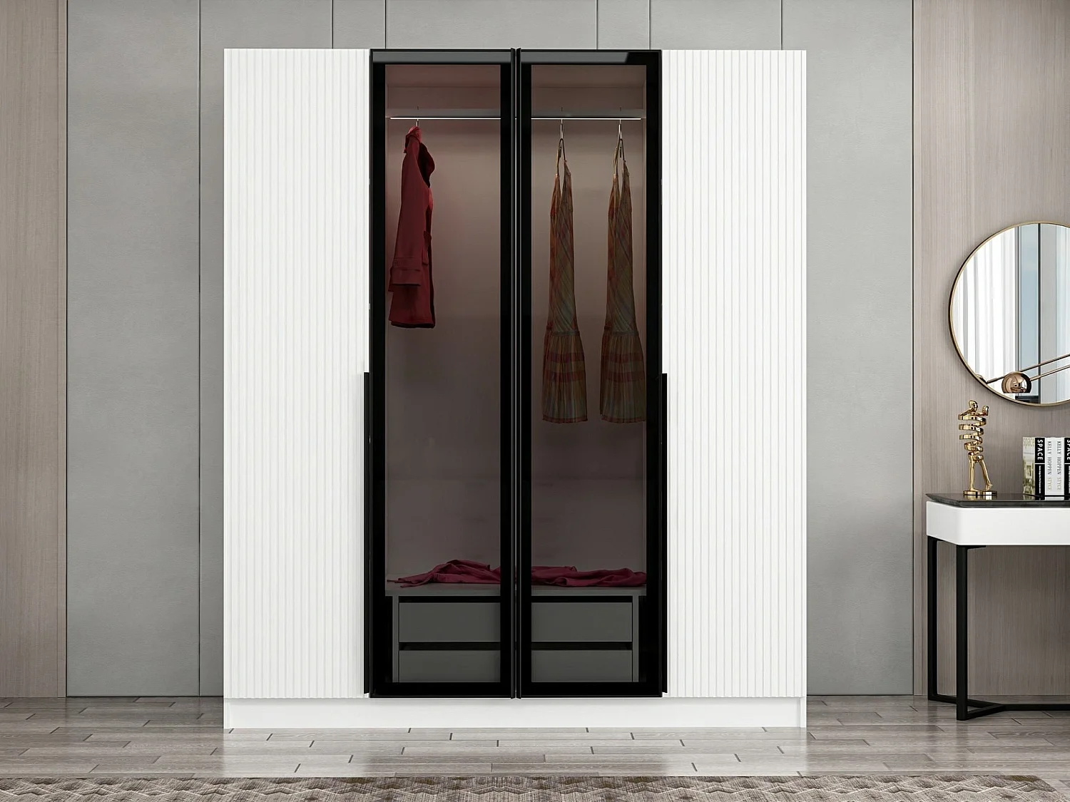 Armoire design 2 portes et 2 portes vitrées Kanowa L180xH210cm Blanc et Noir