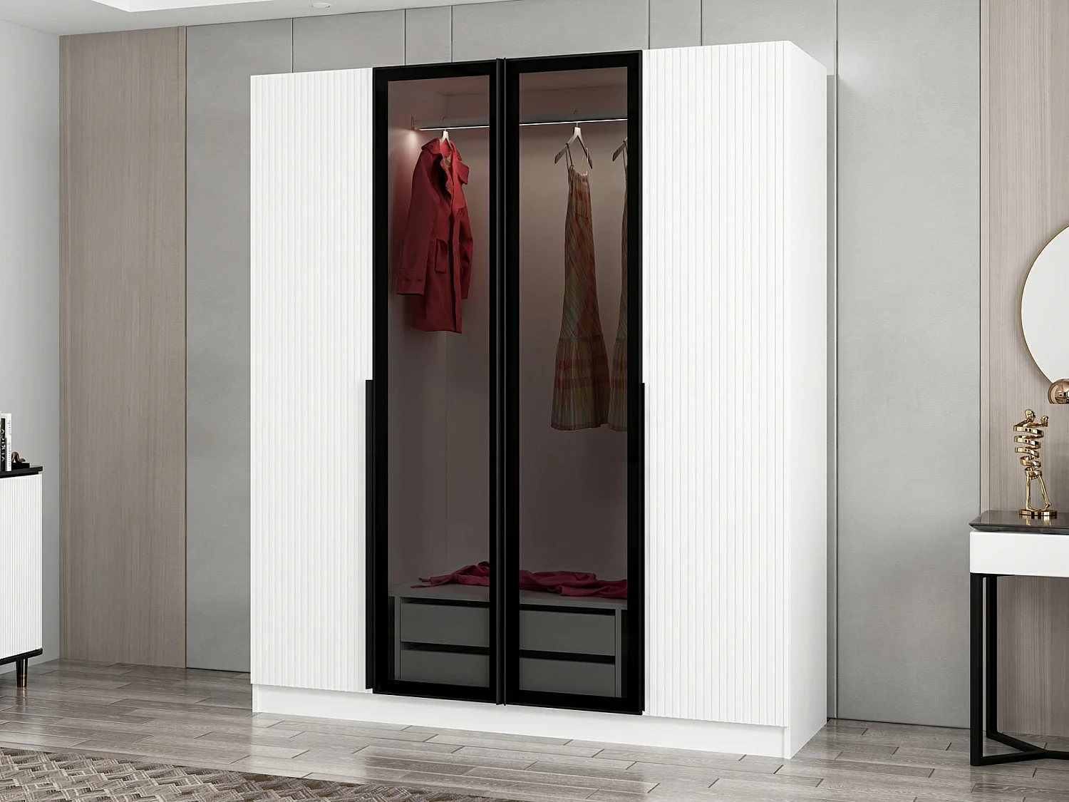 Armoire design 2 portes et 2 portes vitrées Kanowa L180xH210cm Blanc et Noir