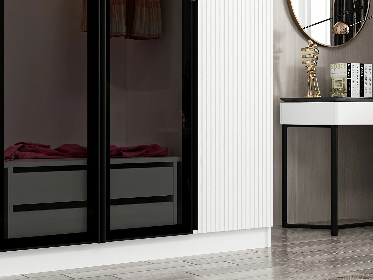 Armoire design 2 portes et 2 portes vitrées Kanowa L180xH210cm Blanc et Noir