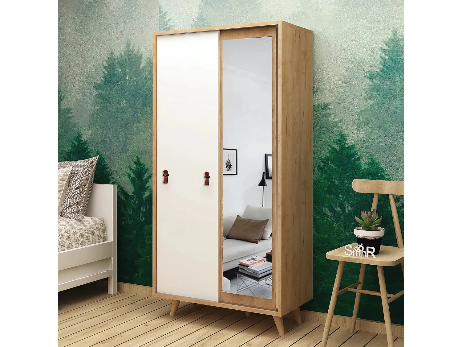 Armoire à glace portes coulissantes Firmo 100x190cm Panneau Bois finition Chêne et Blanc