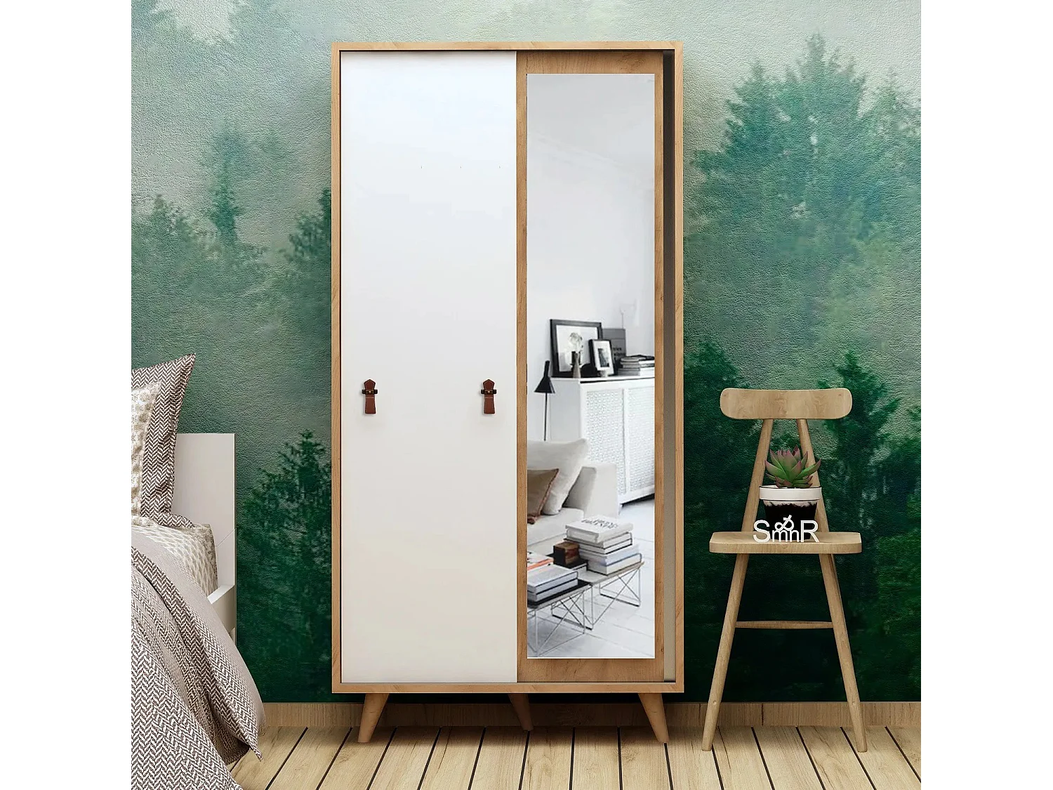 Armoire à glace portes coulissantes Firmo 100x190cm Panneau Bois finition Chêne et Blanc