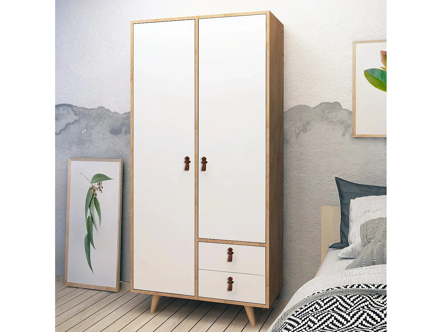 Armoire penderie Firmo 100x190cm Bois Chêne clair et Blanc