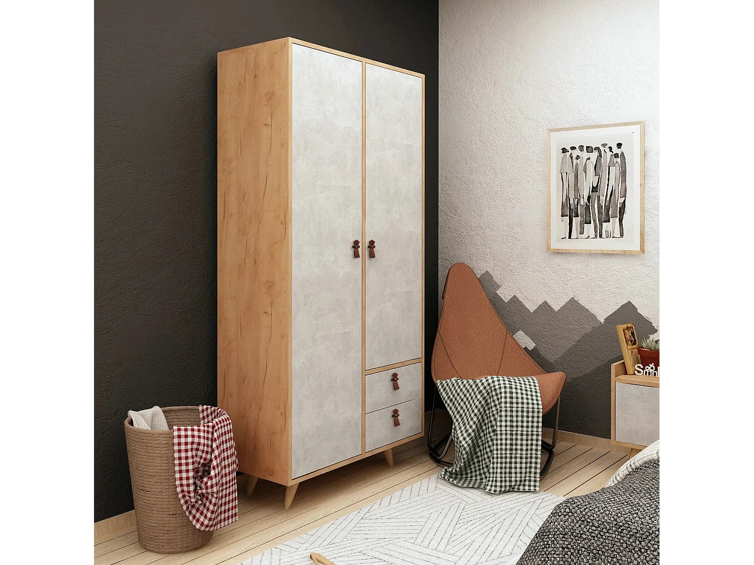 Armoire penderie Firmo 100x190cm Bois Chêne clair et Gris