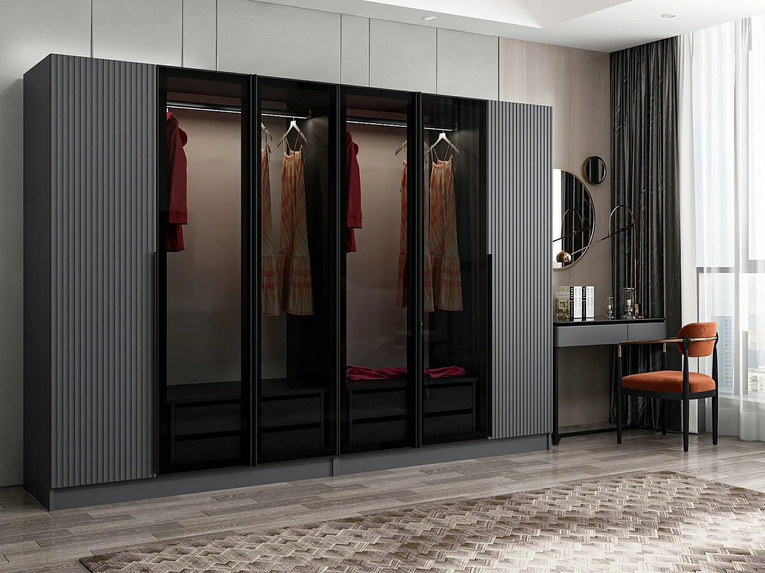 Armoire design 2 portes et 4 portes vitrées Kanowa L225xH210cm Anthracite et Noir