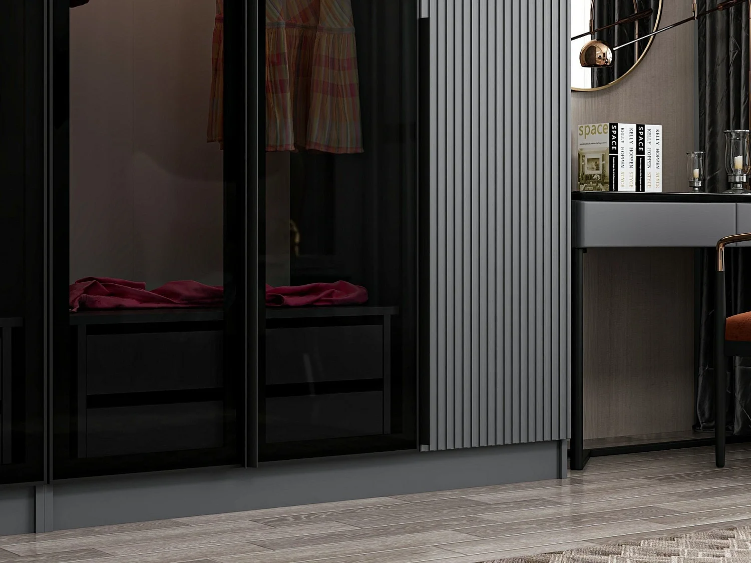 Armoire design 2 portes et 4 portes vitrées Kanowa L225xH210cm Anthracite et Noir