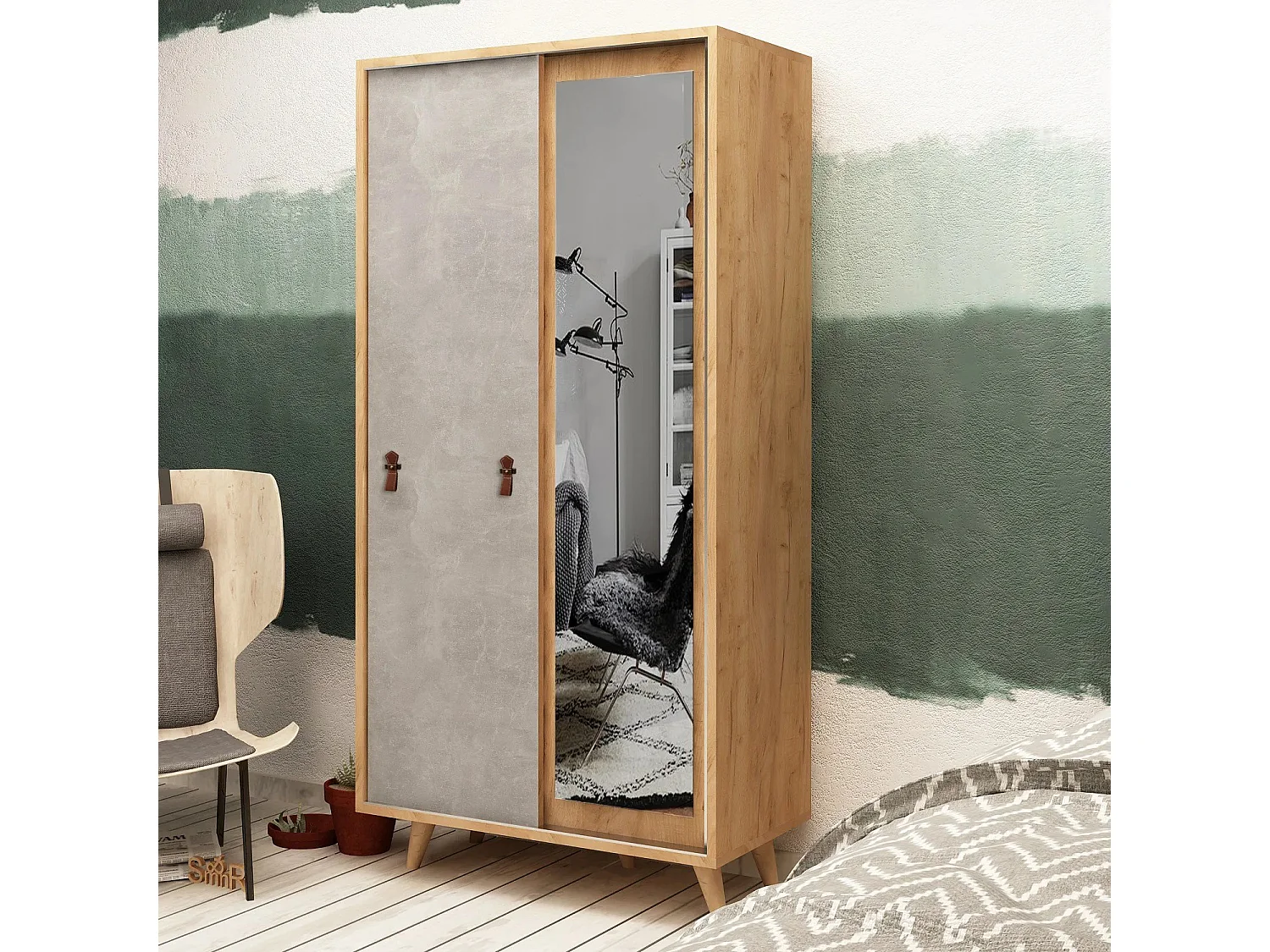 Armoire à glace portes coulissantes Firmo 100x190cm Panneau Bois finition Chêne et Gris Béton