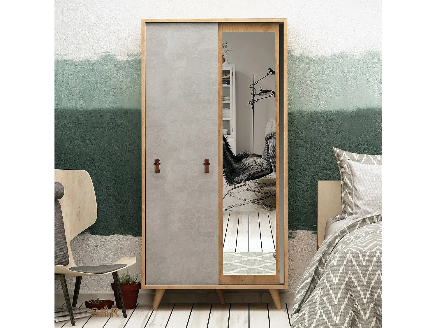 Armoire à glace portes coulissantes Firmo 100x190cm Panneau Bois finition Chêne et Gris Béton