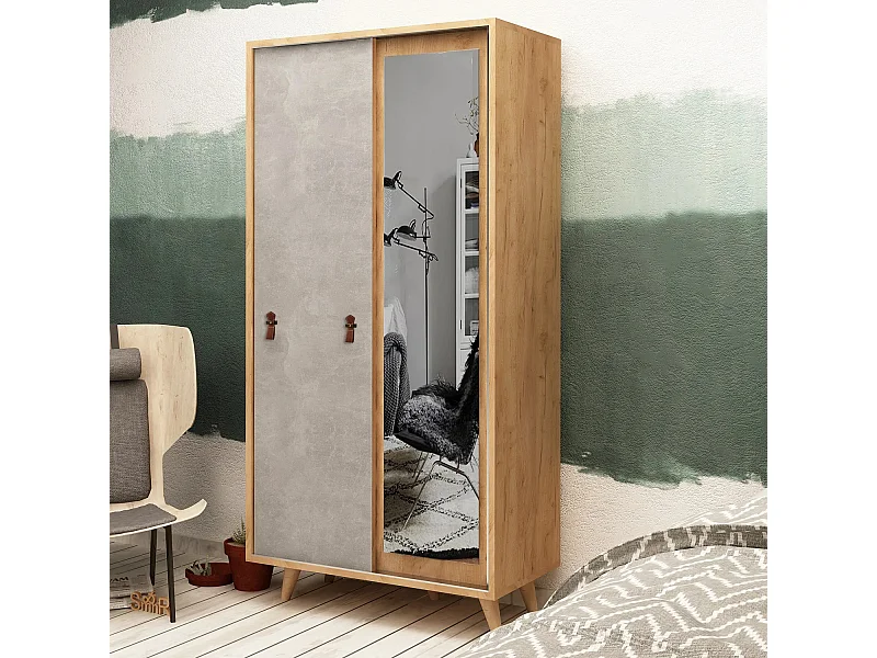 Armoire à glace portes coulissantes Firmo 100x190cm Panneau Bois finition Chêne et Gris Béton