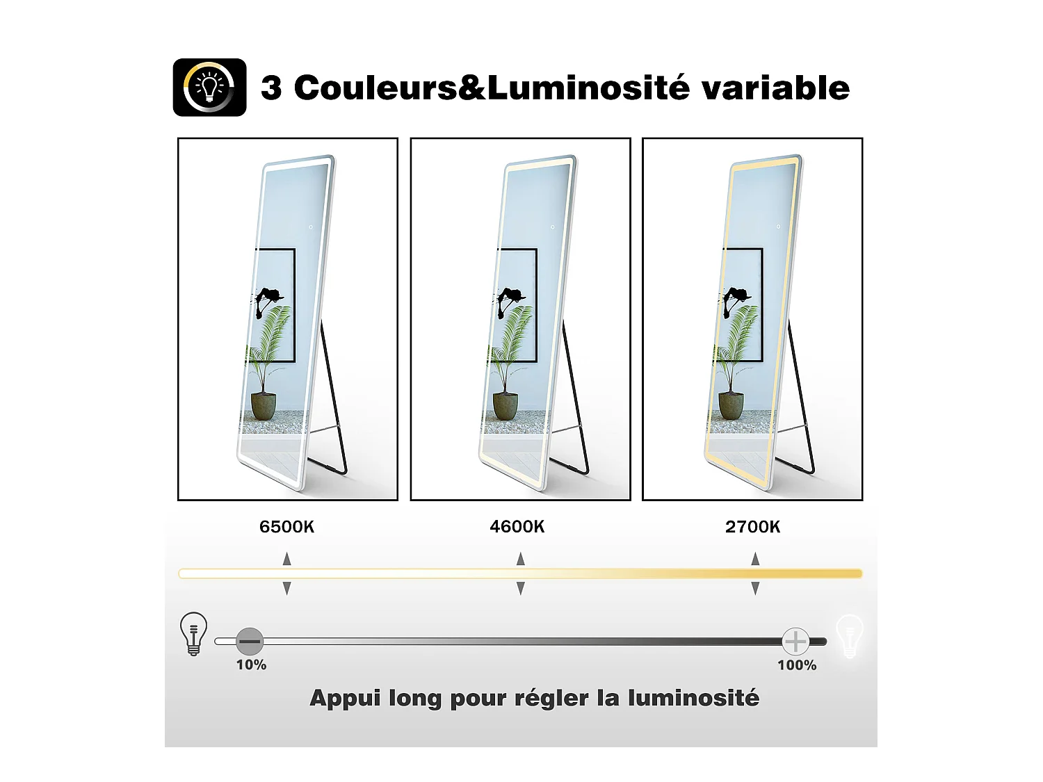 AICA Miroir sur Pied 160x50cm LED + 3 Couleurs + Dimmable + Mémoire, Environnemental, À suspendre ou À poser de Miroir corporel complet