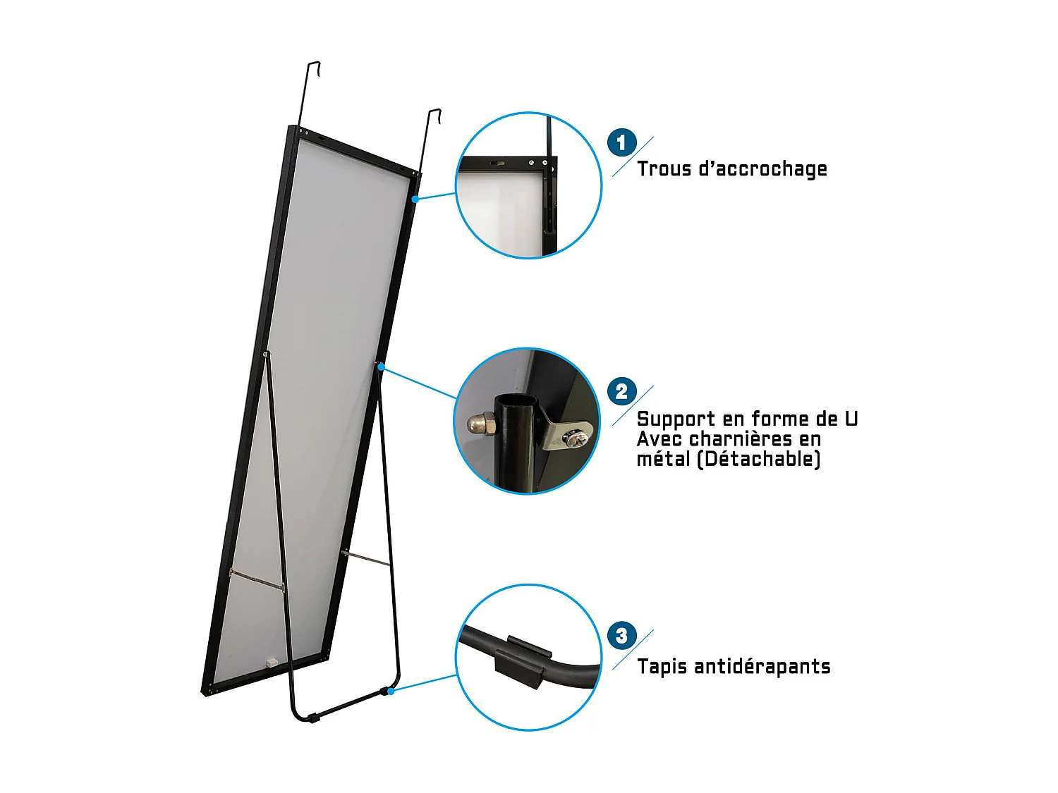 AICA Miroir sur Pied 160x50cm  Miroir Pleine Longueur, À suspendre ou À poser , Miroir au Mercure, Avec cadre noir