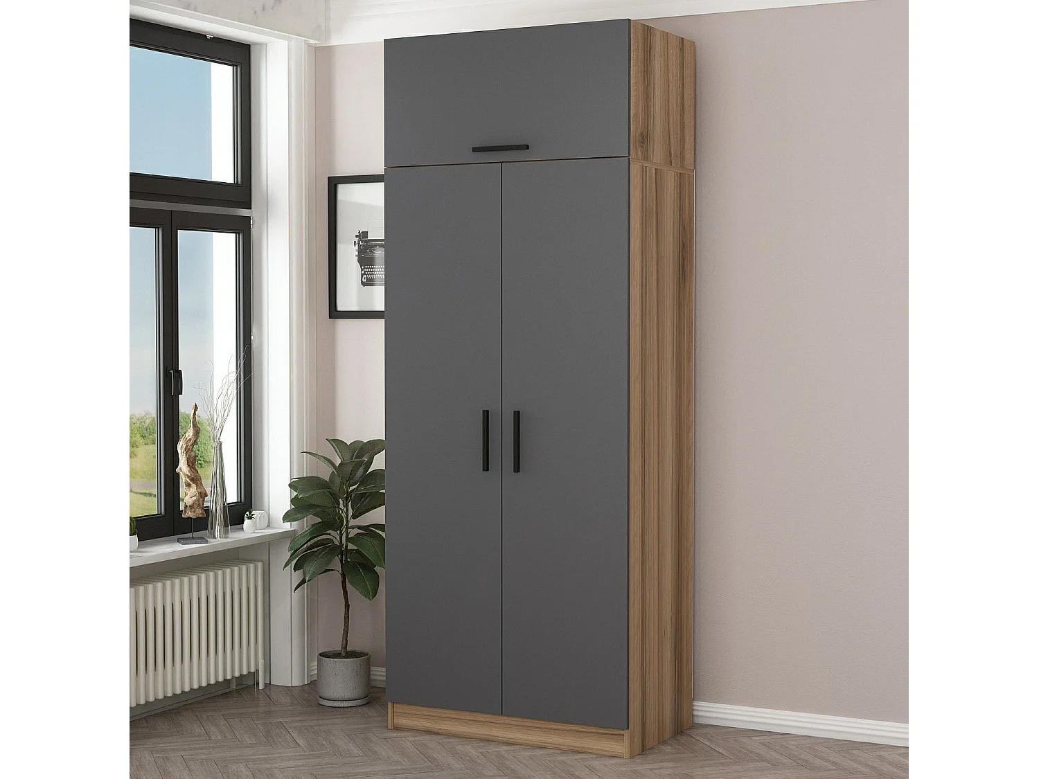 Armoire 3 portes Sanura L90xH235cm Bois foncé et Anthracite