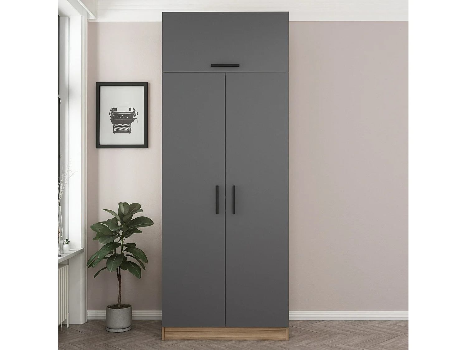 Armoire 3 portes Sanura L90xH235cm Bois foncé et Anthracite