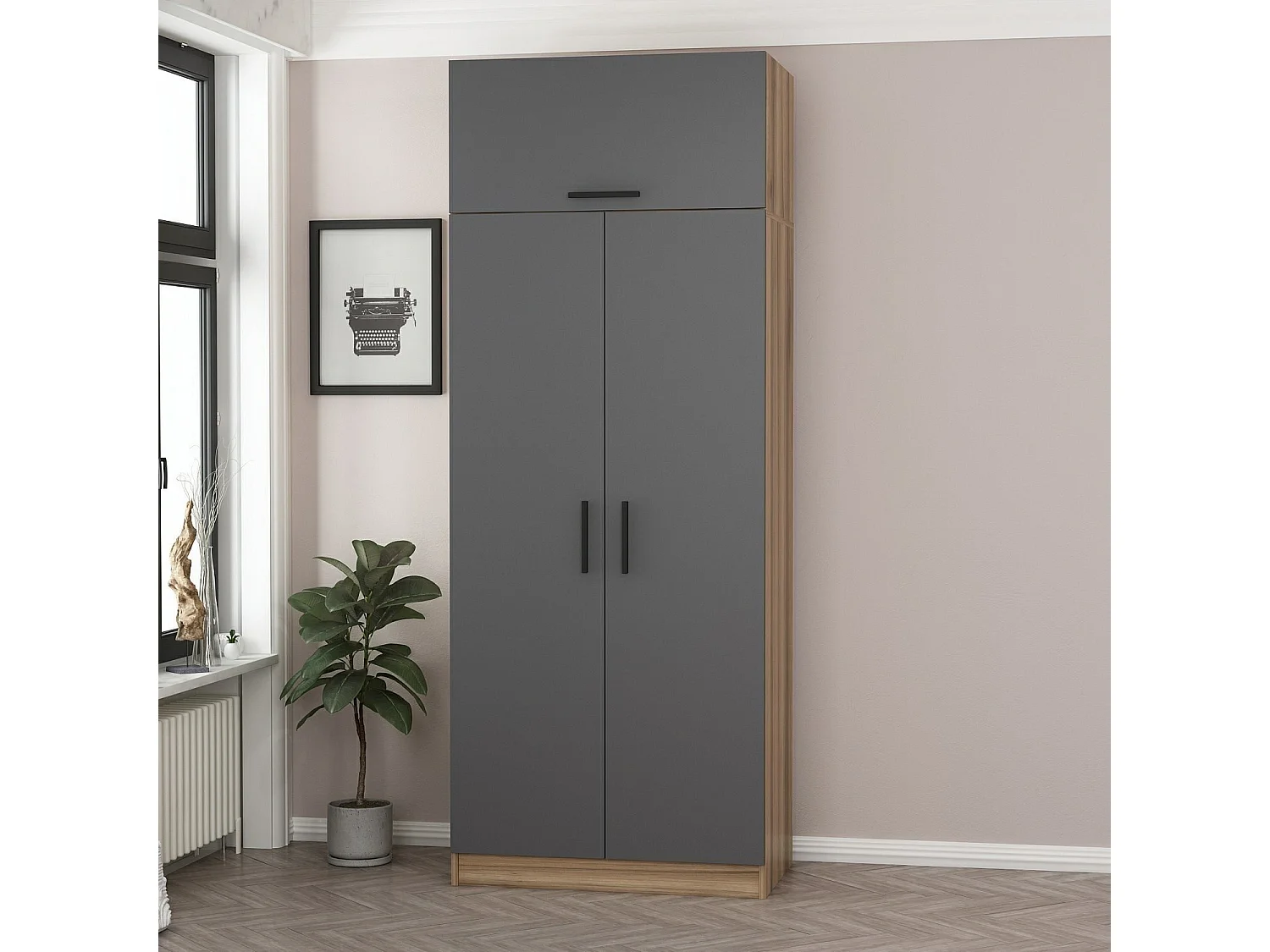 Armoire 3 portes Sanura L90xH235cm Bois foncé et Anthracite