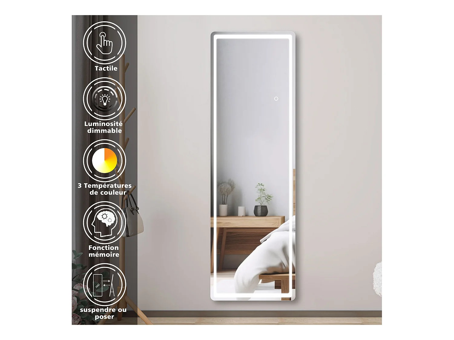 AICA Miroir sur Pied 150x40cm LED + 3 Couleurs + Dimmable + Mémoire, Environnemental, À suspendre ou À poser de Miroir corporel complet