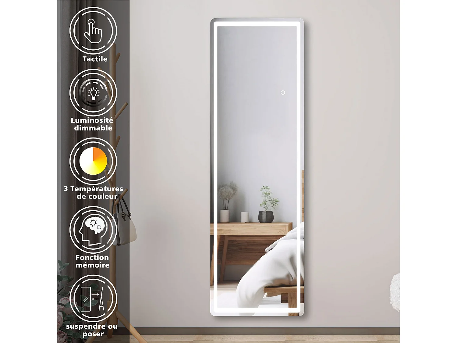 AICA Miroir sur Pied 150x40cm LED + 3 Couleurs + Dimmable + Mémoire, Environnemental, À suspendre ou À poser de Miroir corporel complet