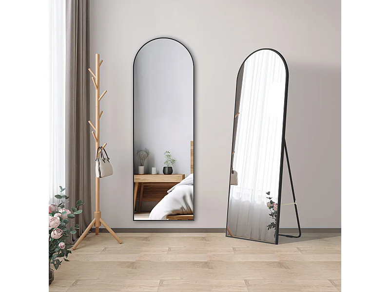 AICA Miroir sur Pied 163x54cm, Miroir au mercure, À suspendre ou À poser, Arqué, Avec cadre noir