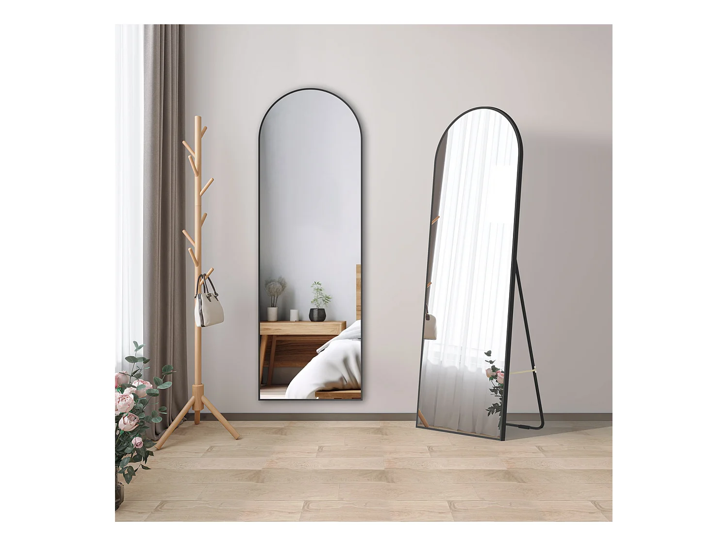 AICA Miroir sur Pied 163x54cm, Miroir au mercure, À suspendre ou À poser, Arqué, Avec cadre noir
