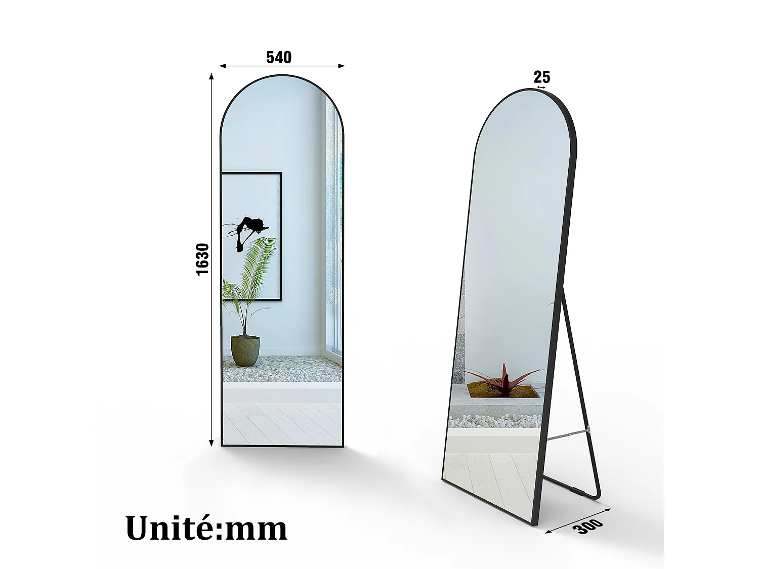 AICA Miroir sur Pied 163x54cm, Miroir au mercure, À suspendre ou À poser, Arqué, Avec cadre noir