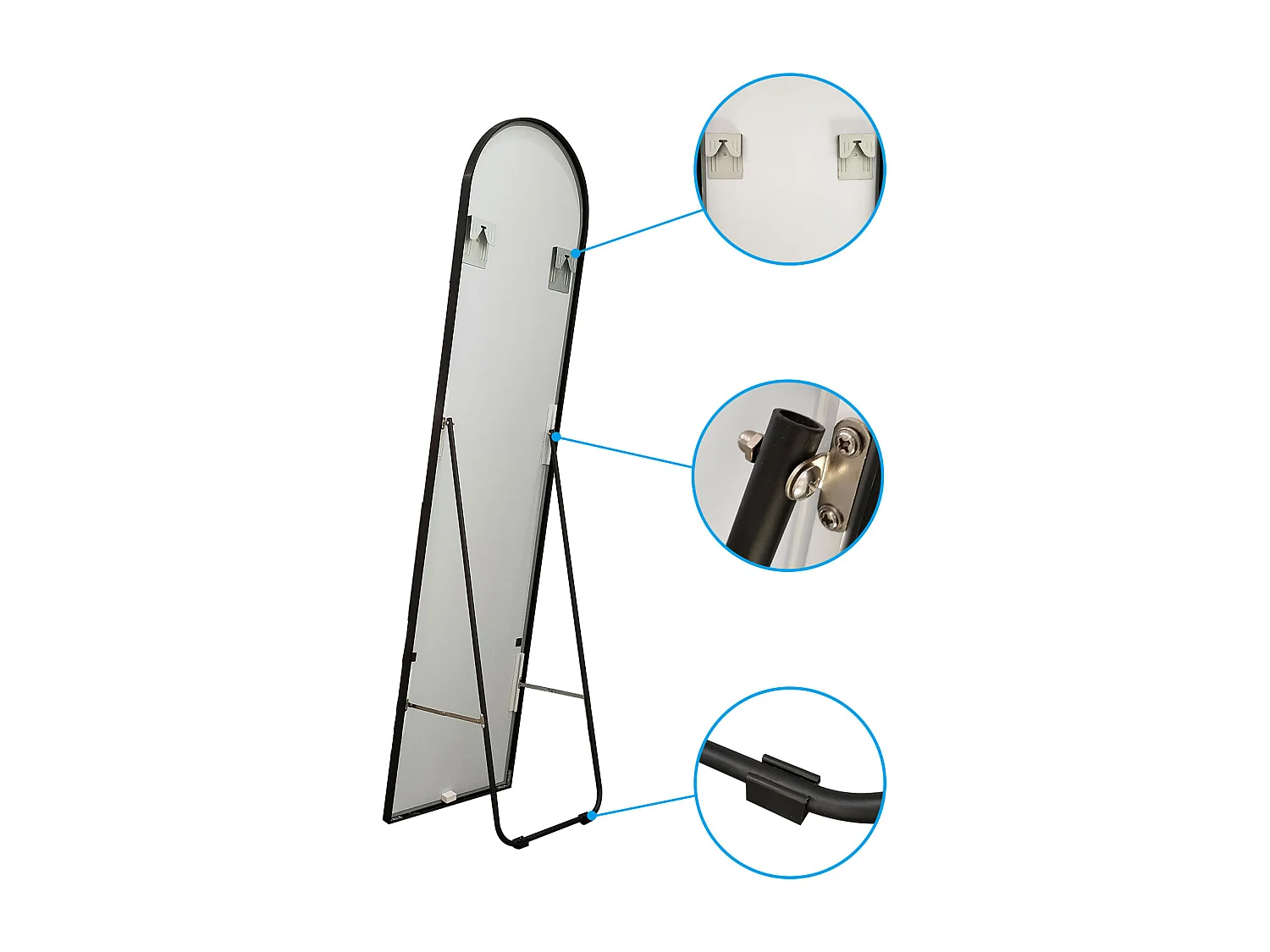 AICA Miroir sur Pied 163x54cm, Miroir au mercure, À suspendre ou À poser, Arqué, Avec cadre noir