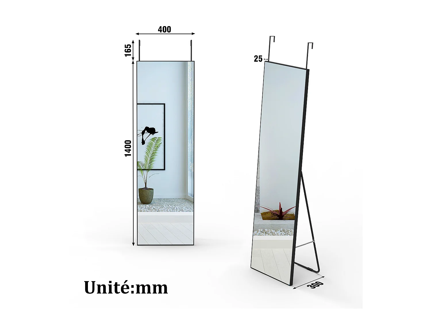 AICA Miroir sur Pied 140x40cm  Miroir Pleine Longueur, À suspendre ou À poser , Miroir au Mercure, Avec cadre noir