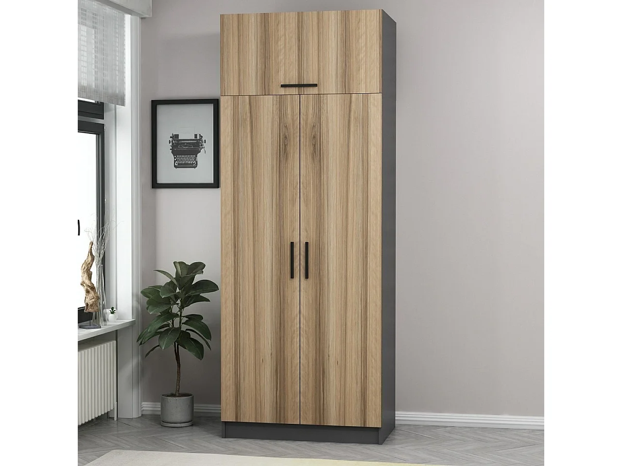 Armoire 3 portes Sanura L90xH235cm Anthracite et Chêne clair