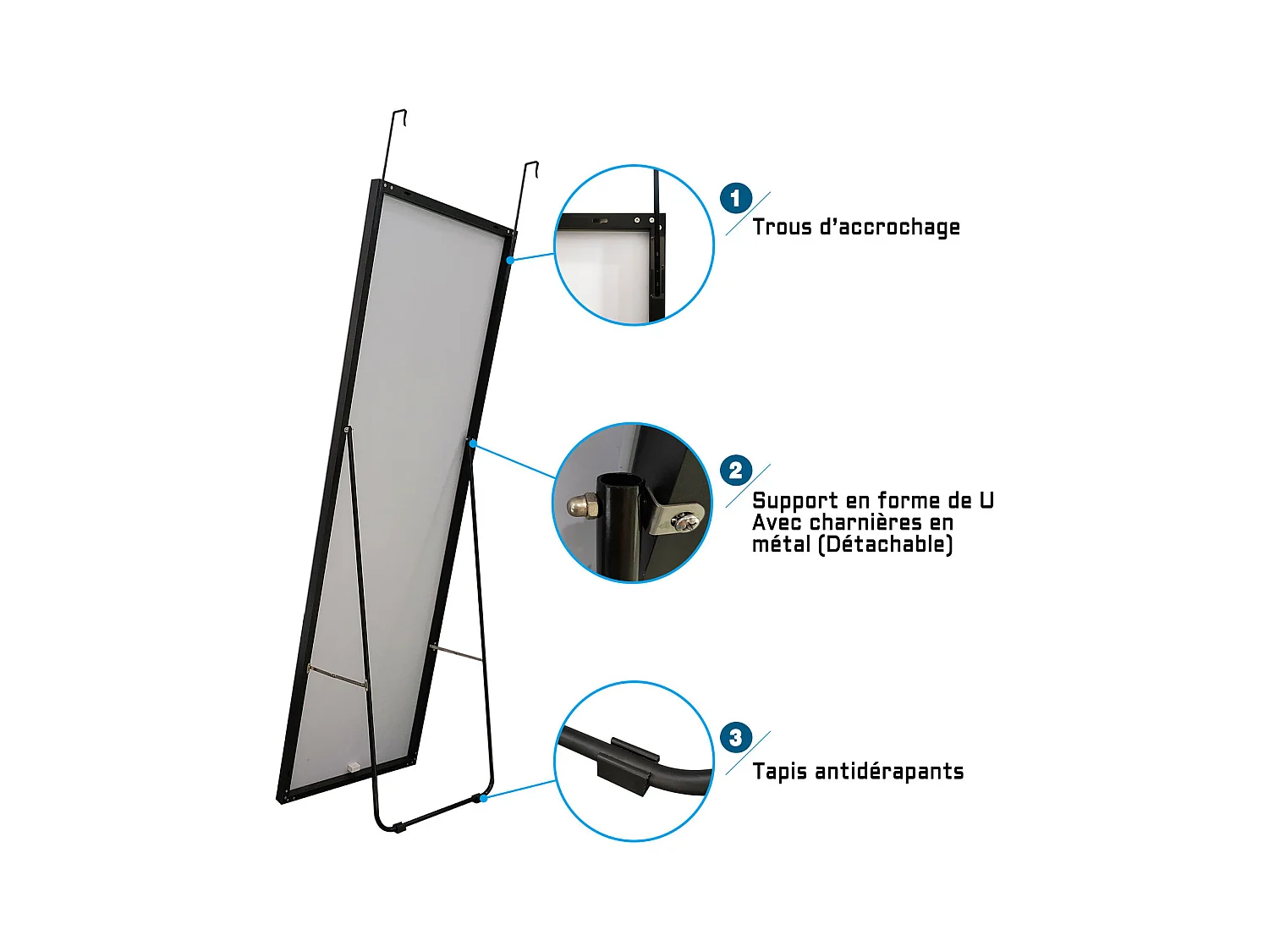 AICA Miroir sur Pied 160x40cm  Miroir Pleine Longueur, À suspendre ou À poser , Miroir au Mercure, Avec cadre noir