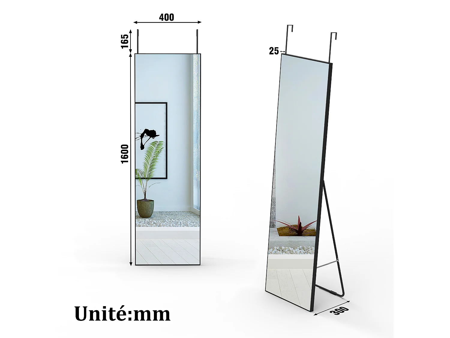 AICA Miroir sur Pied 160x40cm  Miroir Pleine Longueur, À suspendre ou À poser , Miroir au Mercure, Avec cadre noir