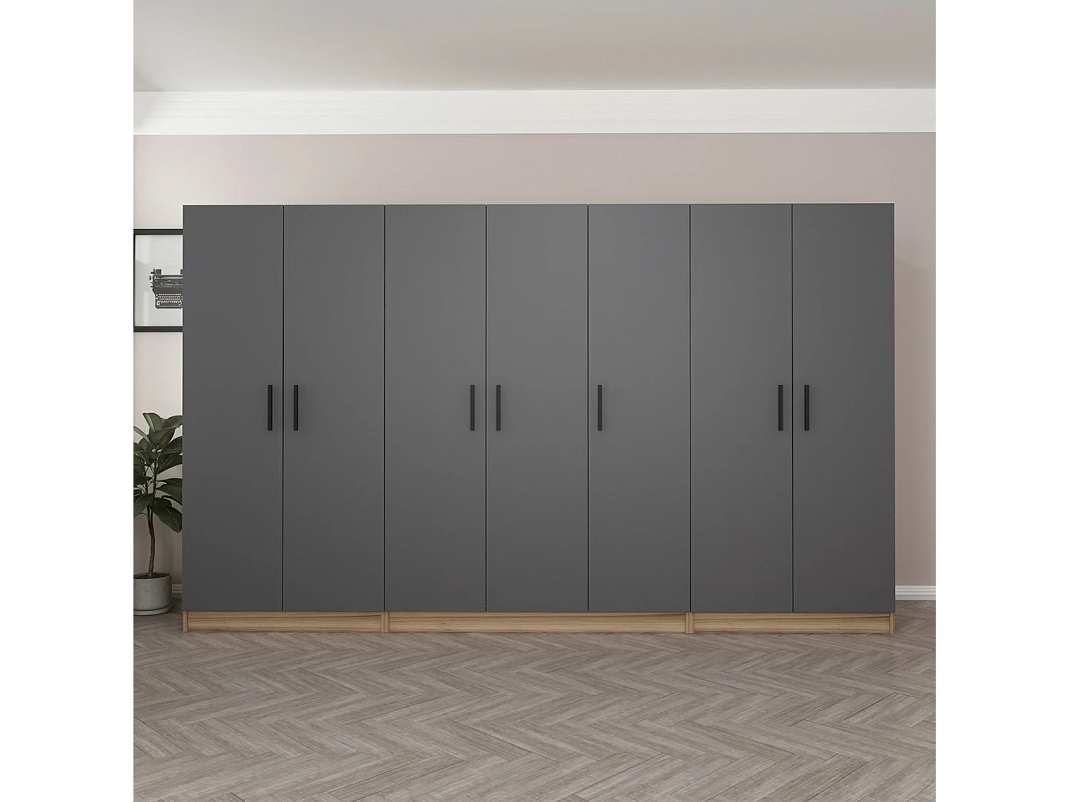 Armoire 7 portes Sanara L315xH210cm Anthracite et Bois clair