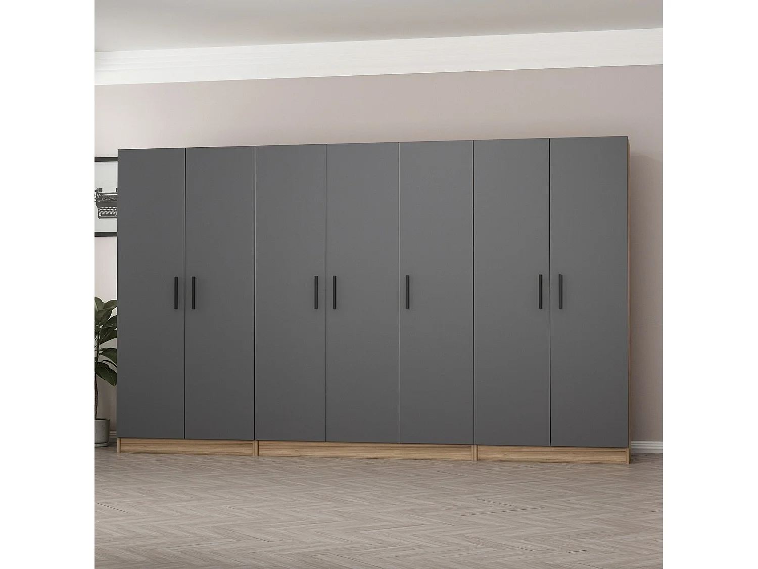 Armoire 7 portes Sanara L315xH210cm Anthracite et Bois clair