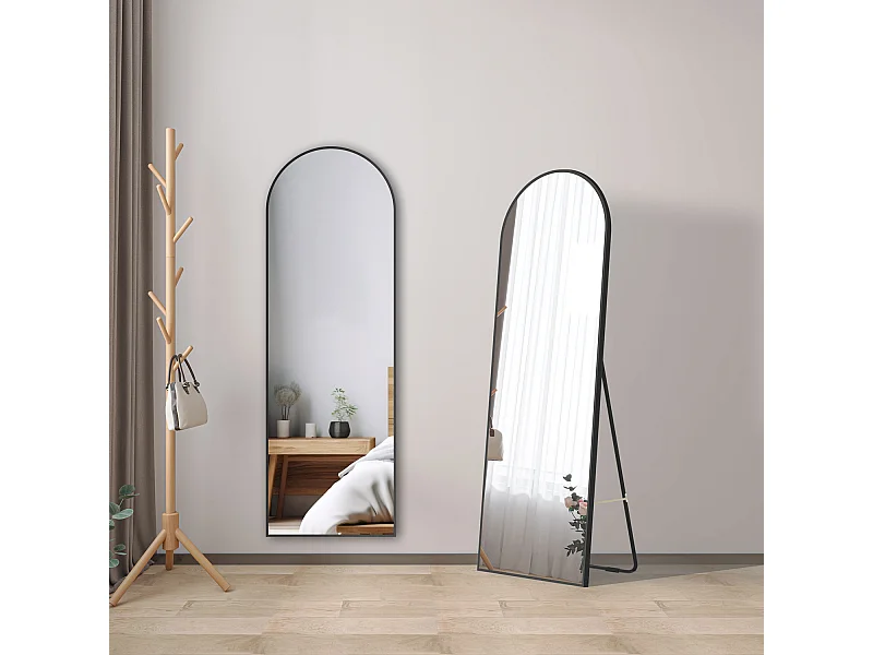 AICA Miroir sur Pied 150x50cm, Miroir au mercure, À suspendre ou À poser, Arqué, Avec cadre noir