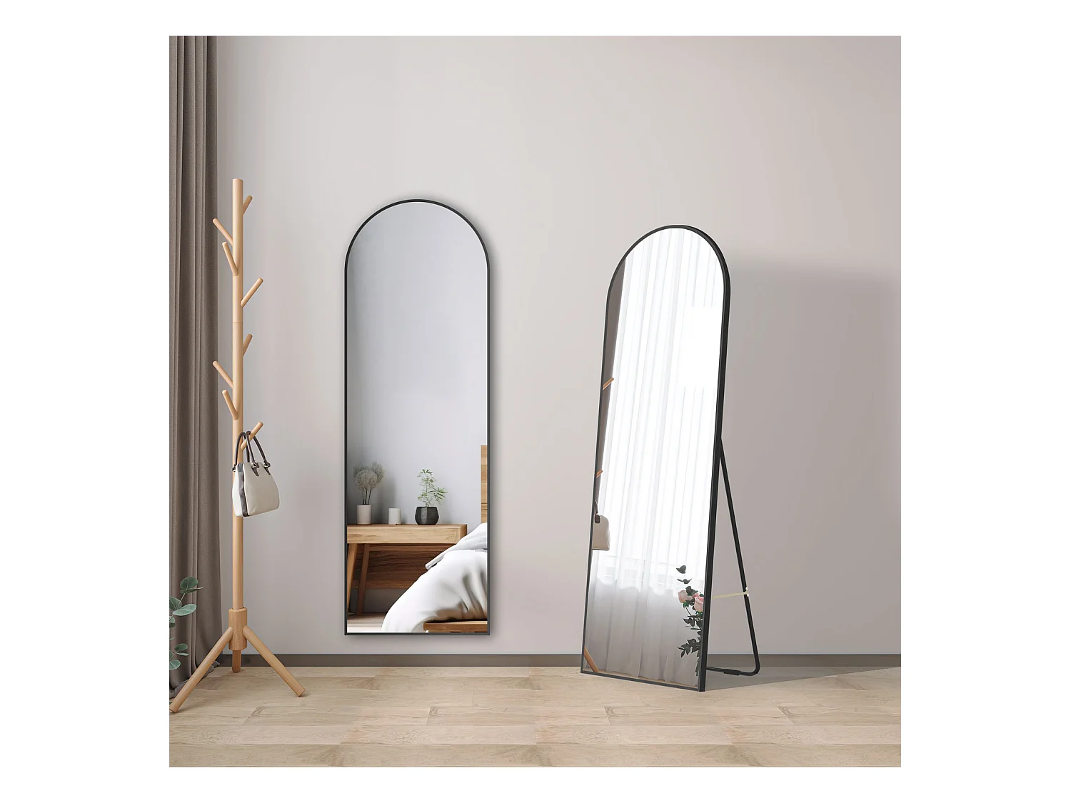 AICA Miroir sur Pied 150x50cm, Miroir au mercure, À suspendre ou À poser, Arqué, Avec cadre noir