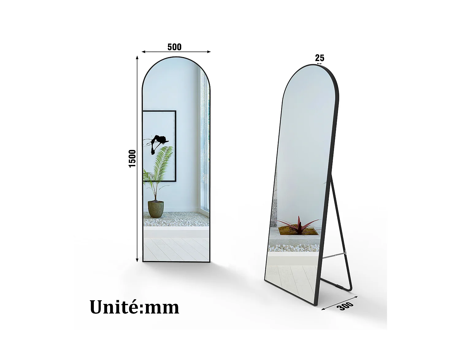 AICA Miroir sur Pied 150x50cm, Miroir au mercure, À suspendre ou À poser, Arqué, Avec cadre noir