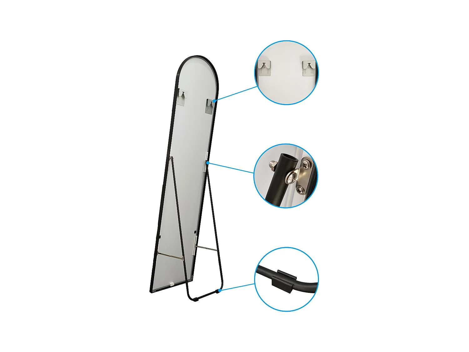 AICA Miroir sur Pied 150x50cm, Miroir au mercure, À suspendre ou À poser, Arqué, Avec cadre noir