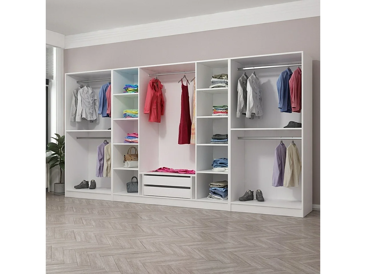 Armoire ouverte Antipax L360xH210cm 5 tringles et 2 tiroirs Blanc